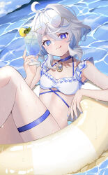 1girl :q absurdres ahoge bikini blue_choker blue_eyes blue_hair blue_nails breasts choker commentary_request cowboy_shot cup day drinking_straw drop-shaped_pupils eyewear_on_head food fruit furina_(genshin_impact) genshin_impact glass heterochromia highres holding holding_cup innertube lemon lemon_slice light_blue_hair light_blush looking_at_viewer midriff multicolored_hair nail_polish on_innertube outdoors rinmel9 small_breasts solo stomach streaked_hair sunglasses swim_ring swimsuit symbol-shaped_pupils thigh_strap thighs tongue tongue_out two-tone_hair water white_bikini white_hair yellow-framed_eyewear