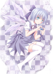 Rule 34 | 1girl, bad id, bad pixiv id, blue dress, blue eyes, blue hair, blush, bow, checkered background, cirno, dress, female focus, full body, gradient background, hair bow, heart, heart hands, ikeda yuuki, matching hair/eyes, neck ribbon, ribbon, short hair, smile, snowflakes, solo, thighhighs, touhou, white background, white thighhighs, wings, wrist ribbon