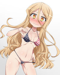 Rule 34 | 1girl, amami shisen, american flag bikini, american flag print, armpits, bikini, bikini pull, bikini top lift, blonde hair, blush, breasts, clenched hand, clothes lift, clothes pull, cowboy shot, dutch angle, embarrassed, flag print, gradient background, groin, hair between eyes, kounosu satori, lifting own clothes, long hair, looking at viewer, micro bikini, navel, nose blush, print bikini, skindentation, small breasts, solo, standing, star (symbol), star print, starmine (manga), strap, striped, sweat, swimsuit, very long hair, wavy mouth, white background, wide-eyed, yellow eyes