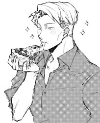 Rule 34 | 1boy, 96gomaice, blush, collared shirt, eating, food, greyscale, highres, holding, holding food, jujutsu kaisen, looking at viewer, male focus, monochrome, nanami kento, one eye closed, pizza, shirt, short hair, solo, undercut, upper body
