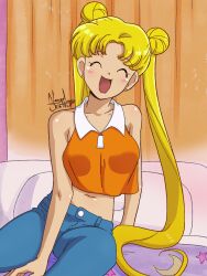 Rule 34 | 1girl, bed, bishoujo senshi sailor moon, blonde hair, breasts, denim, double bun, earrings, hair bun, highres, jeans, jewelry, large breasts, nanaeljustice, navel, open mouth, pants, sitting, smile, tsukino usagi, twintails