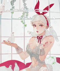 Rule 34 | 1girl, animal, animal on shoulder, bird, bird on hand, bird on shoulder, birdcage, bow hairband, breasts, cage, cleavage, detached collar, dove, hairband, large breasts, leotard, looking at viewer, orangekira, original, parted lips, rabbit tail, red eyes, red hairband, red lips, red nails, red ribbon, ribbon, solo, tail, white bird, white hair, white leotard, wrist cuffs