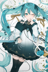 Rule 34 | 1girl, blue hair, blush, bow, cable, commentary request, dress, flower, hair between eyes, hair flower, hair ornament, hatsune miku, holding, holding microphone, hu kotora, long hair, long sleeves, looking at viewer, microphone, one eye closed, smile, solo, thighhighs, twintails, very long hair, vocaloid, watermark, zettai ryouiki