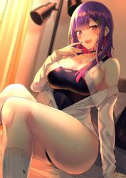 Rule 34 | 1girl, bare shoulders, breasts, choker, cleavage, collar, collared shirt, competition swimsuit, crotch seam, dress shirt, finger to mouth, hair ornament, hairpin, highres, kaerunoashi, large breasts, legs together, light, looking at viewer, naughty face, off shoulder, one-piece swimsuit, open mouth, original, partially undressed, pink eyes, purple hair, shirt, unworn shirt, sitting, skin tight, swimsuit, swimsuit under clothes, thick thighs, thighs, undressing, white footwear