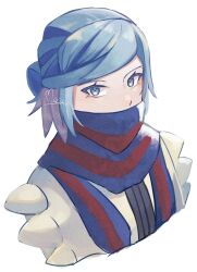 Rule 34 | 1boy, aqua eyes, aqua hair, blue scarf, commentary, creatures (company), eyelashes, game freak, grusha (pokemon), heart, highres, jacket, looking at viewer, male focus, mocacoffee 1001, nintendo, pokemon, pokemon sv, scarf, scarf over mouth, short hair, signature, simple background, solo, striped clothes, striped scarf, symbol-only commentary, upper body, white background, yellow jacket