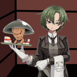 Rule 34 | 1boy, 1girl, arm tattoo, black necktie, black survival, blonde hair, blue eyes, blush, breasts, butler, buttons, cake, closed mouth, collared shirt, commentary request, female butler, food, frilled gloves, frills, full body, gloves, green hair, grey vest, hair between eyes, highres, kurodani yamame, lenox (black survival), magnus scott, medium breasts, mini person, miniboy, muscular, muscular male, necktie, open mouth, rinyamame, serving dome, shirt, short hair, smile, tattoo, touhou, towel on arm, upper body, vest, white gloves, white shirt