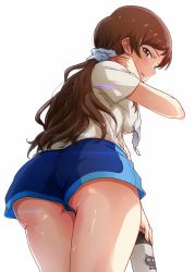 Rule 34 | 10s, 1girl, absurdres, ass, ayano yuu (sonma 1426), bad id, bad pixiv id, blush, bottle, brown eyes, brown hair, highres, idolmaster, idolmaster million live!, kitazawa shiho, long hair, looking back, profile, simple background, solo, sweat, thighs, towel, towel around neck, water bottle, white background