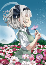 Rule 34 | 1girl, :3, black bow, black bowtie, black hairband, black ribbon, blue sky, blunt bangs, blush, bow, bowtie, breasts, closed eyes, closed mouth, commentary request, day, field, flower, flower field, from side, green vest, hair ribbon, hairband, highres, hitodama, holding, holding flower, konpaku youmu, konpaku youmu (ghost), medium breasts, mountainous horizon, outdoors, pegashi, profile, ribbon, shirt, short hair, short sleeves, sky, smile, solo, touhou, upper body, vest, white shirt