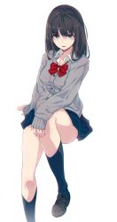 Rule 34 | 1girl, 40hara, black eyes, black hair, black socks, blue socks, blush, cardigan, commentary request, highres, kneehighs, loafers, long hair, long sleeves, looking at viewer, neckerchief, open mouth, original, pleated skirt, school uniform, shoes, simple background, sitting, skirt, sleeves past wrists, socks, solo, white background