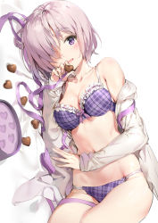 Rule 34 | 1girl, anmi, box, bra, breasts, candy, chocolate, chocolate heart, fate/grand order, fate (series), food, gift, gift box, hair over one eye, heart, highres, looking at viewer, lying, mash kyrielight, medium breasts, navel, on side, panties, plaid, plaid bra, plaid panties, purple bra, purple eyes, purple hair, purple panties, shirt, simple background, smile, solo, underwear, valentine, white background, white shirt