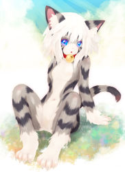 Rule 34 | 1girl, animal ears, bell, blue eyes, body fur, breasts, cat, cat ears, cat girl, cat tail, cloud, collar, commentary request, furry, furry female, highres, looking at viewer, medium breasts, medium hair, neck bell, open mouth, original, sitting, sky, solo, sunlight, tail, tashiro yuu, whiskers, white hair