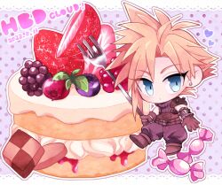 Rule 34 | 1boy, armor, asymmetrical hair, baggy pants, birthday cake, blackberry (fruit), blonde hair, blue eyes, blue pants, blue shirt, boots, brown footwear, brown gloves, cake, candy, character name, chibi, cloud strife, dated, earrings, final fantasy, final fantasy vii, final fantasy vii remake, food, fork, fruit, gloves, happy birthday, holding, holding fork, jewelry, looking at viewer, male focus, pants, polka dot, polka dot background, shirt, short hair, shoulder armor, single earring, sleeveless, sleeveless turtleneck, solo, spiked hair, strawberry, suspenders, ttnoooo, turtleneck, wrapped candy
