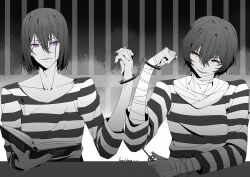 Rule 34 | 2boys, absurdres, bandaged arm, bandages, book, bungou stray dogs, collarbone, cuffs, dazai osamu (bungou stray dogs), fyodor dostoyevsky (bungou stray dogs), handcuffs, highres, key, lin yan (lof), monochrome, multiple boys, prison cell, prison clothes, purple eyes, short hair, striped clothes, upper body