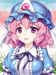 Rule 34 | 1girl, blue hat, blue kimono, blurry, blurry background, breasts, commentary request, hat, japanese clothes, kimono, looking at viewer, mob cap, open mouth, pink eyes, pink hair, s1a1nokoka, saigyouji yuyuko, short hair, solo, touhou, triangular headpiece, upper body