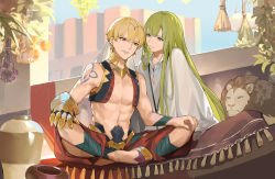 Rule 34 | 1boy, 1other, arabian clothes, artist request, bare shoulders, blonde hair, commentary request, earrings, enkidu (fate), fate/grand order, fate (series), gilgamesh, gilgamesh (caster) (fate), gilgamesh (fate), green hair, highres, jewelry, long hair, male focus, multiple boys, navel, open mouth, red eyes, short hair, sitting, smile, tattoo