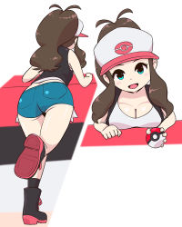 Rule 34 | 1girl, ass, breast rest, breasts, cleavage, counter, creatures (company), denim, denim shorts, game freak, highres, hilda (pokemon), huge ass, large breasts, looking at viewer, microsd (pibo), nintendo, poke ball, pokemon, pokemon bw, ponytail, shorts, solo, tagme
