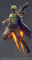 Rule 34 | 1boy, armor, artist name, boba fett, boots, breastplate, cape, david auden nash, english text, fire, full body, green cape, grey background, grey pants, gun, highres, holding, holding gun, holding weapon, jetpack, mandalorian, mandalorian armor, mandalorian helmet, pants, solo, star wars, torn cape, torn clothes, watermark, weapon, web address