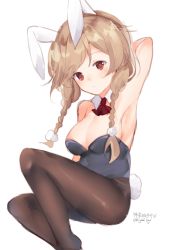 Rule 34 | 1girl, animal ears, arm up, armpits, ascot, black leotard, black pantyhose, braid, breasts, brown hair, cleavage, cloud hair ornament, commentary request, detached collar, fake animal ears, gradient hair, highres, kantai collection, large breasts, leotard, light brown hair, long hair, looking at viewer, minegumo (kancolle), miyasaka miyabi, multicolored hair, one-hour drawing challenge, pantyhose, playboy bunny, rabbit ears, rabbit tail, red ascot, red eyes, simple background, sitting, solo, strapless, strapless leotard, tail, twin braids, white background