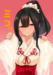 Rule 34 | 1girl, black hair, breasts, gradient background, hair between eyes, hair ornament, hair scrunchie, japanese clothes, long hair, looking at viewer, medium breasts, miko, oshiro project:re, oshiro project:re, pink background, ricochet-gou, scrunchie, shigisan (oshiro project), sidelocks, smile, solo, upper body