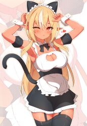 Rule 34 | 1girl, ;o, absurdres, alternate costume, animal ears, apron, armpits, arms up, black bow, black bowtie, black skirt, black thighhighs, blonde hair, blush, bow, bowtie, breasts, cat cutout, cat ears, cat tail, cleavage, cleavage cutout, clothing cutout, dark-skinned female, dark skin, detached collar, enmaided, fake animal ears, garter straps, heart, highres, hololive, large breasts, long hair, looking at viewer, maid, maid apron, maid headdress, multicolored hair, one eye closed, pointy ears, red eyes, sen (sen42724788), shiranui flare, skirt, solo, streaked hair, tail, thighhighs, virtual youtuber, white apron, white hair, wrist cuffs, zoom layer