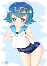 Rule 34 | 1girl, alternate color, arched back, artist name, blue eyes, blue hair, blunt bangs, closed mouth, collarbone, creatures (company), female focus, game freak, hairband, highres, lana (pokemon), looking at viewer, matching hair/eyes, nintendo, one-piece swimsuit, pokemon, pokemon (anime), shiny skin, sleeveless, smile, solo, standing, swimsuit, swimsuit under clothes, win opz