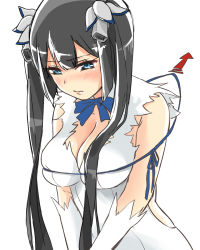 Rule 34 | 10s, 1girl, arm ribbon, bad id, bad pixiv id, black hair, blue eyes, blush, bow, breasts, cleavage, cleavage cutout, clothing cutout, dress, dungeon ni deai wo motomeru no wa machigatteiru darou ka, embarrassed, female focus, hair ornament, hair ribbon, hestia (danmachi), highres, large breasts, lips, long hair, looking down, pulling, pulling back, rei no himo, ribbon, short dress, simple background, solo, stkn1102, twintails, v arms, white background, white dress