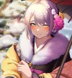 Rule 34 | 1girl, 3 small spiders, absurdres, blonde hair, blush, closed mouth, earrings, flower, fur-trimmed kimono, fur trim, girls&#039; frontline, hair between eyes, hair flower, hair ornament, highres, japanese clothes, jewelry, kimono, looking at viewer, official alternate costume, oil-paper umbrella, short hair, smile, solo, umbrella, upper body, vector (girls&#039; frontline), vector (sprig in the snow) (girls&#039; frontline), winter, yellow eyes