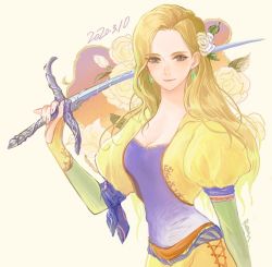 Rule 34 | 1girl, amano yoshitaka design, arm ribbon, blonde hair, blue eyes, blue ribbon, blue shirt, breasts, celes chere, cleavage, dated, final fantasy, final fantasy vi, floral background, flower, hair behind ear, hair flower, hair ornament, holding, holding sword, holding weapon, lace-up legwear, leaf, long hair, long sleeves, looking at viewer, medium breasts, official alternate costume, over shoulder, parted bangs, puffy sleeves, regan (hatsumi), ribbon, rose, shirt, smile, solo, sword, upper body, wavy hair, weapon, weapon over shoulder