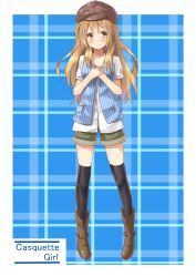 Rule 34 | 1girl, alexmaster, black thighhighs, blush, boots, brown eyes, brown hair, cabbie hat, hat, highres, long hair, original, own hands together, shorts, smile, solo, thighhighs, vest
