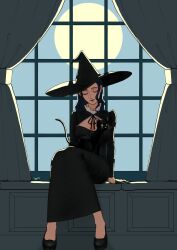 Rule 34 | 1girl, animal, black cat, black dress, black gloves, black hair, black hat, cat, closed eyes, commentary request, curtains, dress, gloves, hat, highres, indoors, long hair, looking at viewer, moon, nico robin, one piece, sidelocks, signature, sitting, user sfff7727, whiskers, witch hat
