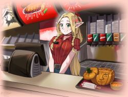 Rule 34 | counter, dungeon meshi, elf, employee uniform, fast food, fast food uniform, green eyes, long hair, looking at viewer, marcille donato, nicomamu, pointy ears, senshi (dungeon meshi), smile, solo focus, twintails, uniform