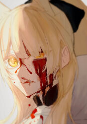 Rule 34 | 1girl, animal ears, arknights, black ribbon, blemishine (arknights), blonde hair, blood, blood on face, blurry, blurry background, depth of field, from side, hair between eyes, hair ribbon, half-closed eye, highres, horse ears, looking at viewer, looking to the side, ponytail, portrait, ribbon, senjou no pentsu, solo, uneven eyes, yellow eyes