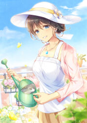 Rule 34 | 1girl, black hair, blue eyes, blue sky, bow, brown skirt, camisole, earrings, floral bow, grin, hat, hat bow, highres, jacket, jewelry, lens flare, looking at viewer, mono lith, necklace, open clothes, open jacket, original, outdoors, parted lips, pink jacket, short hair, skirt, sky, smile, solo, sun hat, watering can, white camisole, white hat