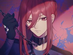 1boy black_gloves blue_lock blue_shirt chain chigiri_hyoma closed_mouth collar gloves hand_up highres hrrr_xox long_hair long_sleeves looking_at_viewer male_focus portrait red_background red_eyes red_hair shirt solo