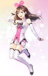 Rule 34 | 1girl, :d, blue eyes, boots, brown hair, chan bra555, collarbone, detached sleeves, floating hair, full body, gradient background, hair between eyes, hairband, heart, highres, kizuna ai, kizuna ai inc., long hair, long sleeves, looking at viewer, open mouth, pink background, pink hairband, sailor collar, shirt, short shorts, shorts, sleeveless, sleeveless shirt, smile, solo, thigh boots, thighhighs, virtual youtuber, white background, white footwear, white sailor collar, white shorts, white sleeves, zettai ryouiki