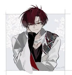 1boy artist_name black_shirt curtained_hair earclip earrings facing_viewer fate/grand_order fate_(series) flower hand_on_own_chin high_collar highres jacket jewelry long_sleeves looking_at_viewer open_clothes open_jacket red_eyes red_hair shirt short_hair smile solo ss_un17 takasugi_shinsaku_(fate) upper_body white_flower white_jacket