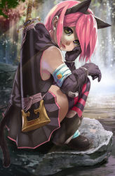 Rule 34 | 1girl, animal ears, black dress, black gloves, black thighhighs, boots, dress, elbow gloves, fake animal ears, gloves, green eyes, hand on own face, highres, looking at viewer, original, pink hair, pink thighhighs, robert knight, short dress, short hair, sitting, solo, squatting, striped clothes, striped thighhighs, sword, sword behind back, tail, thighhighs, weapon