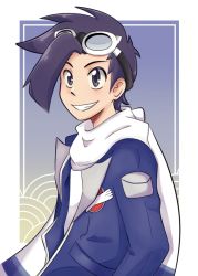 Rule 34 | 1boy, black hair, blue jacket, border, commentary, creatures (company), ethan (pokemon), ethan (sygna suit) (pokemon), game freak, goggles, goggles on head, grin, jacket, male focus, nana-sapphy, nintendo, official alternate costume, open clothes, open jacket, outside border, pokemon, pokemon (creature), pokemon masters ex, scarf, shirt, short hair, smile, solo, teeth, upper body, white border, white scarf, white shirt