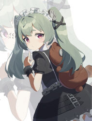 Rule 34 | 1girl, absurdres, backpack, bag, black dress, blush, chain, closed mouth, corin wickes, dress, green hair, highres, lmonster guai, long hair, maid headdress, red eyes, short sleeves, stuffed animal, stuffed toy, sweat, twintails, zenless zone zero