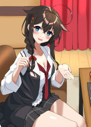 Rule 34 | 1girl, absurdres, ahoge, black hair, black skirt, blue eyes, blush, braid, breasts, chopsticks, cleavage, collarbone, curtains, fingernails, fish, food, hair between eyes, hair flaps, highres, holding, holding chopsticks, indoors, jacket, jewelry, kantai collection, long hair, medium breasts, necktie, official alternate costume, open clothes, open jacket, open mouth, pleated skirt, red necktie, ring, saury, shiba (zudha), shigure (kancolle), shigure kai san (kancolle), single braid, skirt, smile, solo, wedding ring