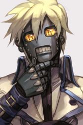 Rule 34 | 1boy, arc system works, belt, blonde hair, buckle, clothed robot, collared jacket, guilty gear, hand on own chin, hungry clicker, jacket, male focus, rivets, robo-ky, robot, solo, stroking own chin, yellow eyes