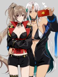 Rule 34 | 2girls, amazuki jou, azur lane, bikini, bikini top only, body markings, bodypaint, cellphone, center opening, choker, dark-skinned female, dark skin, facial mark, feather hair ornament, feathers, forehead mark, hair ornament, highres, jacket, jean bart (azur lane), light brown hair, massachusetts (azur lane), micro shorts, multiple girls, nail polish, native american, open clothes, open jacket, orange eyes, phone, red eyes, selfie, shorts, swimsuit, white hair, white nails, yuri