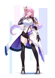 Rule 34 | 1girl, black gloves, black shorts, blue eyes, boots, breasts, cleavage, elysia (honkai impact), elysia (miss pink elf) (honkai impact), gloves, hair ornament, highres, honkai (series), honkai impact 3rd, large breasts, long hair, long sleeves, looking at viewer, pink hair, pink pupils, pointy ears, shorts, simple background, single glove, solo, supershrimpcakes, thigh boots