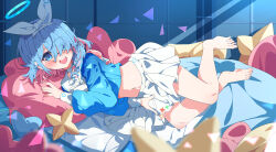 1girl :d absurdres arona_(blue_archive) barefoot blue_archive blue_eyes blue_hair blue_halo blue_shirt blush bow braid bright_pupils chinese_commentary choker colored_inner_hair commentary eyes_visible_through_hair feet full_body hair_bow hair_over_one_eye hairband halo hand_up happy head_on_pillow heart heart-shaped_pillow highres hua-huahua indoors long_bangs long_sleeves looking_at_viewer lying midriff miniskirt multicolored_hair navel on_bed on_side open_mouth pillow pink_hair pleated_skirt puffy_long_sleeves puffy_sleeves sailor_collar school_uniform serafuku shirt short_hair single_braid skirt smile solo teeth toes upper_teeth_only white_bow white_choker white_hairband white_sailor_collar white_skirt