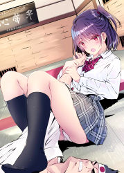 Rule 34 | 1boy, 1girl, angry, blush, clenched teeth, closed eyes, collared shirt, commentary request, dojo, dougi, grey skirt, headband, highres, indoors, kobayashi chisato, on ground, open mouth, original, panties, pantyshot, plaid, plaid skirt, pleated skirt, purple hair, red eyes, school uniform, shirt, short hair, skirt, socks, submission hold, teeth, thighs, underwear, white panties, white shirt, wrestling