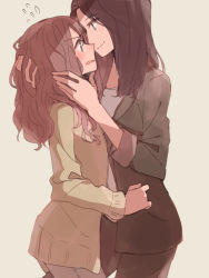 Rule 34 | 2girls, blush, brown shirt, face-to-face, flying sweatdrops, from side, hand in own hair, hand on another&#039;s head, hug, long hair, long sleeves, looking at another, multiple girls, open mouth, original, shadow, shirt, smile, sou (tuhut), tan background, yuri