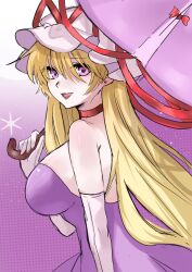 1girl bare_shoulders blonde_hair breasts choker dress ear_piercing elbow_gloves from_side gloves hair_between_eyes hat highres holding holding_umbrella kashiwara_mana large_breasts long_hair looking_at_viewer mob_cap piercing purple_background purple_dress purple_eyes smile solo touhou umbrella yakumo_yukari