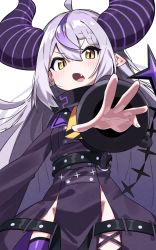 Rule 34 | 1girl, absurdres, black dress, blush, braid, braided bangs, brown eyes, demon horns, dress, fang, grey hair, groin, hair between eyes, highres, hololive, horns, la+ darknesss, long hair, long sleeves, looking at viewer, multicolored hair, open mouth, pointy ears, purple hair, purple thighhighs, simple background, solo, streaked hair, thighhighs, tosyeo, v-shaped eyebrows, very long hair, virtual youtuber, white background