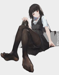 Rule 34 | 1girl, absurdres, belt, black dress, black footwear, black hair, black nails, blunt bangs, blush, breasts, brown eyes, brown pantyhose, closed mouth, crossed legs, dress, eyelashes, feet, foreshortening, grey background, hand up, head tilt, highres, hime cut, holding, holding shoes, invisible chair, knees together feet apart, loafers, long hair, looking at viewer, medium breasts, mi arley, nail polish, neck ribbon, original, pantyhose, red ribbon, ribbon, school uniform, shirt, shoes, unworn shoes, short dress, sidelocks, simple background, sitting, small breasts, soles, solo, thighband pantyhose, toenails, toes, twitter username, white shirt
