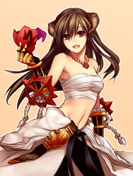 Rule 34 | 1girl, belt, black belt, black gloves, black pants, breasts, brown background, brown eyes, brown hair, brown horns, championship belt, cleavage, clothes around waist, commentary request, cowboy shot, gauntlets, gloves, hair between eyes, holding, holding mask, horns, jewelry, kiribox, long hair, looking at viewer, mask, medium breasts, necklace, open mouth, outline, pants, ragnarok online, sarashi, shirt, shirt around waist, smile, solo, sura (ragnarok online), white outline, white shirt